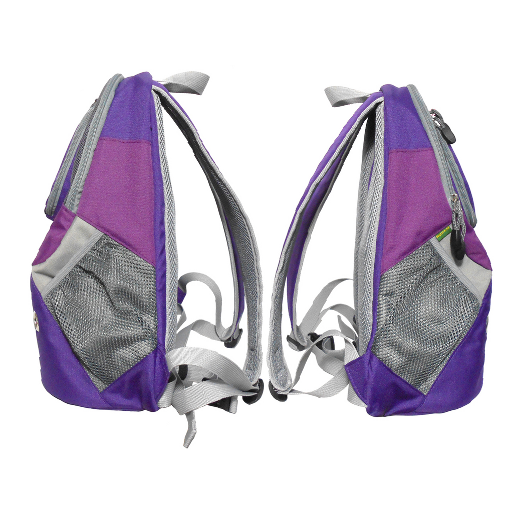 Purple and gray color dog cat carrier backpack on a white background