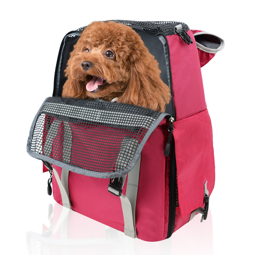 Red pet carrier with a brown dog inside on a white background
