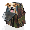 Camouflage pet carrier with a dog peeking out on a white background