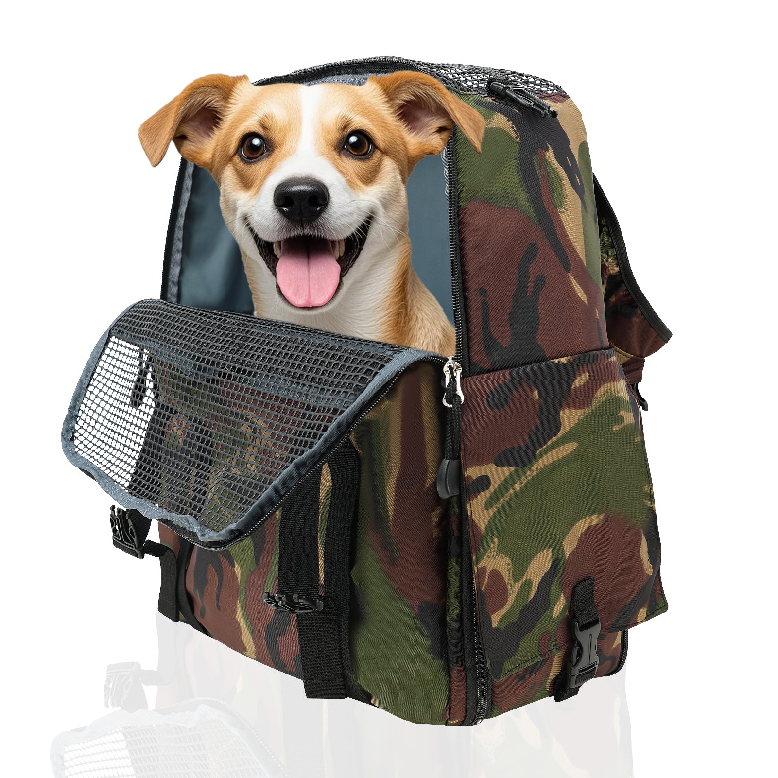 Camouflage pet carrier with a dog peeking out on a white background