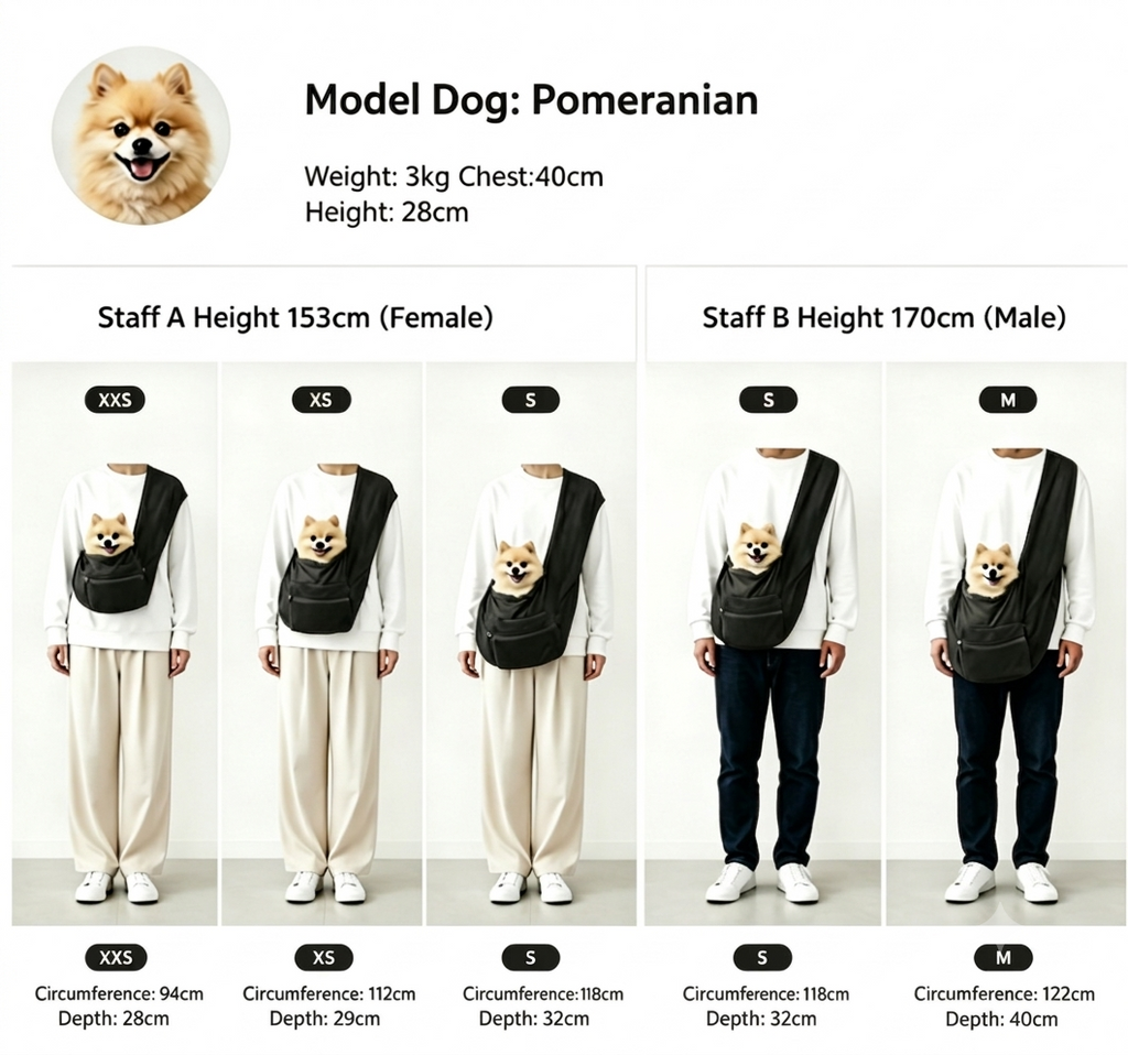 Model dog carrier size chart for Pomeranian dogs with different height and weight ranges.