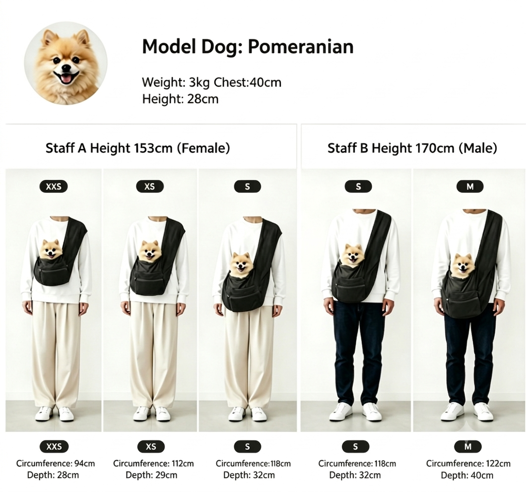Model dog carrier size chart for Pomeranian dogs with different height and weight ranges.
