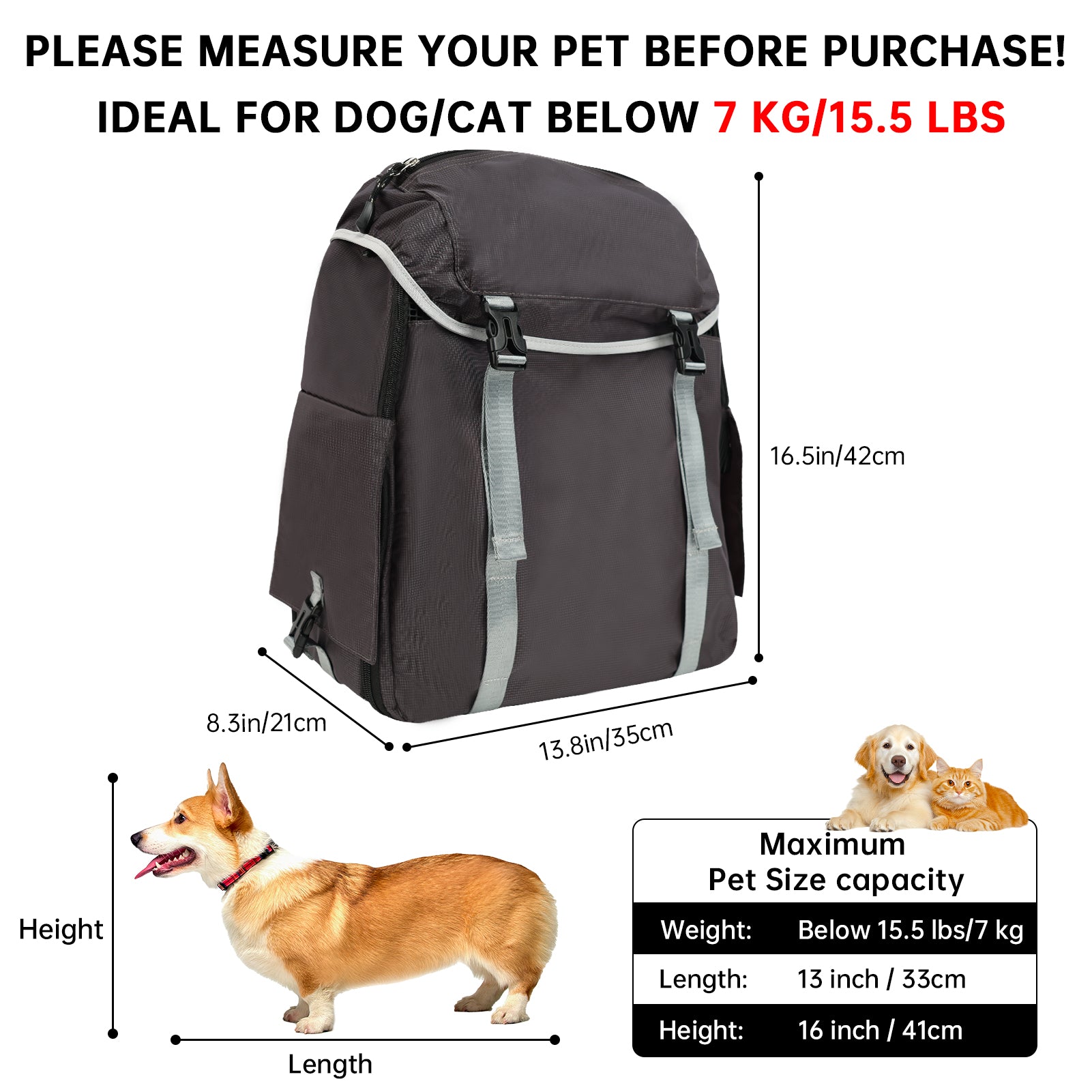 Pet backpack with measurements and pet size capacity information on a white background