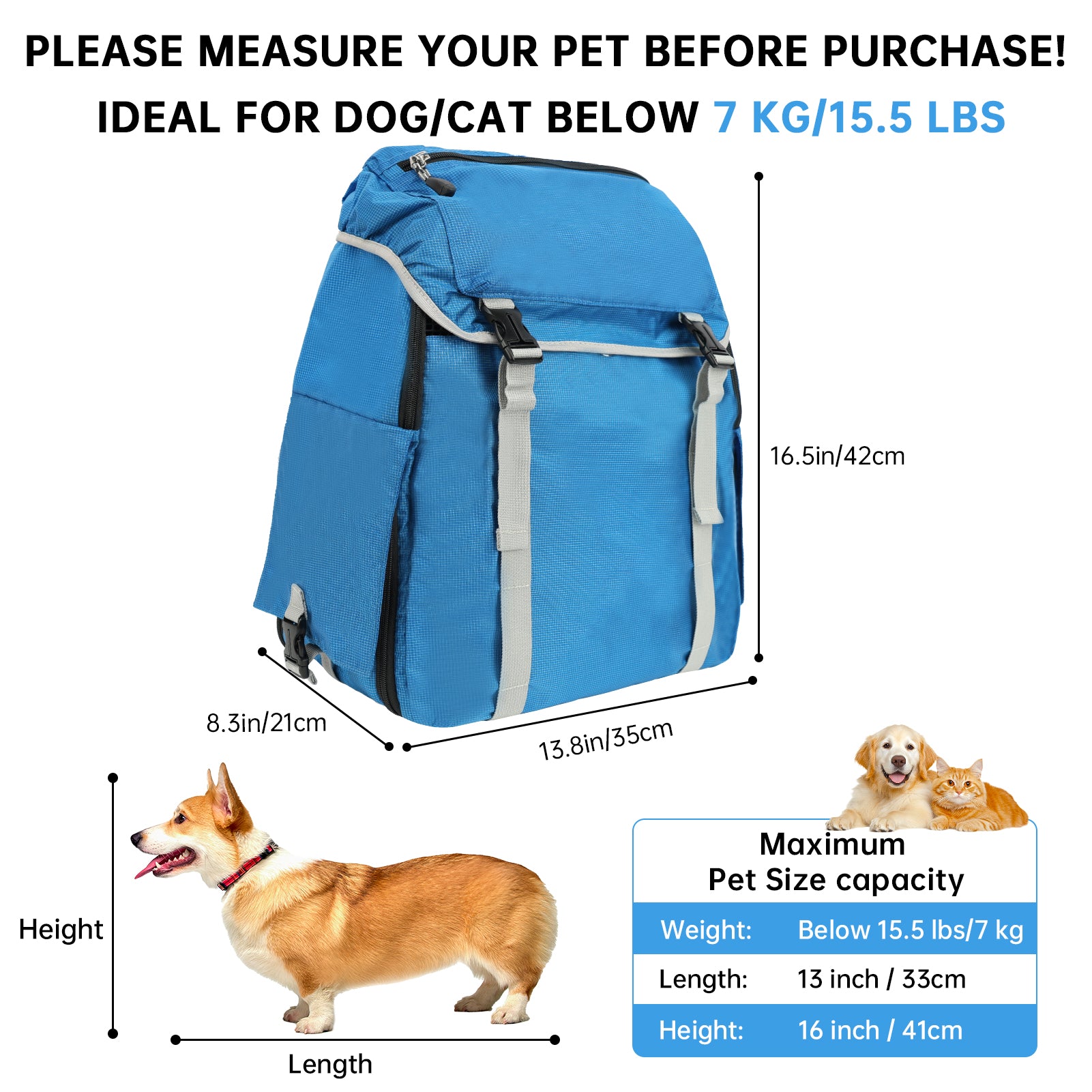 Blue pet carrier with dimensions and capacity details on a white background