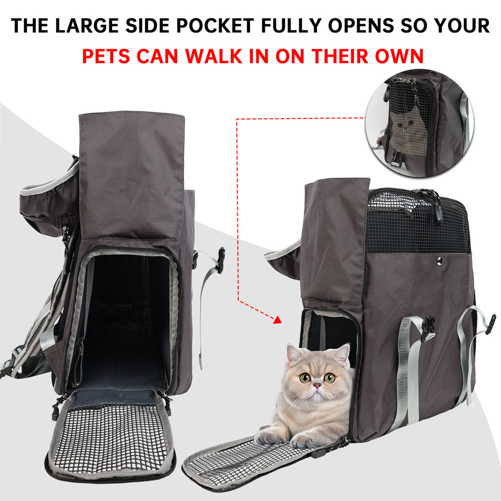 Pet carrier with large side pocket for pets to walk in on their own, featuring a cat inside.