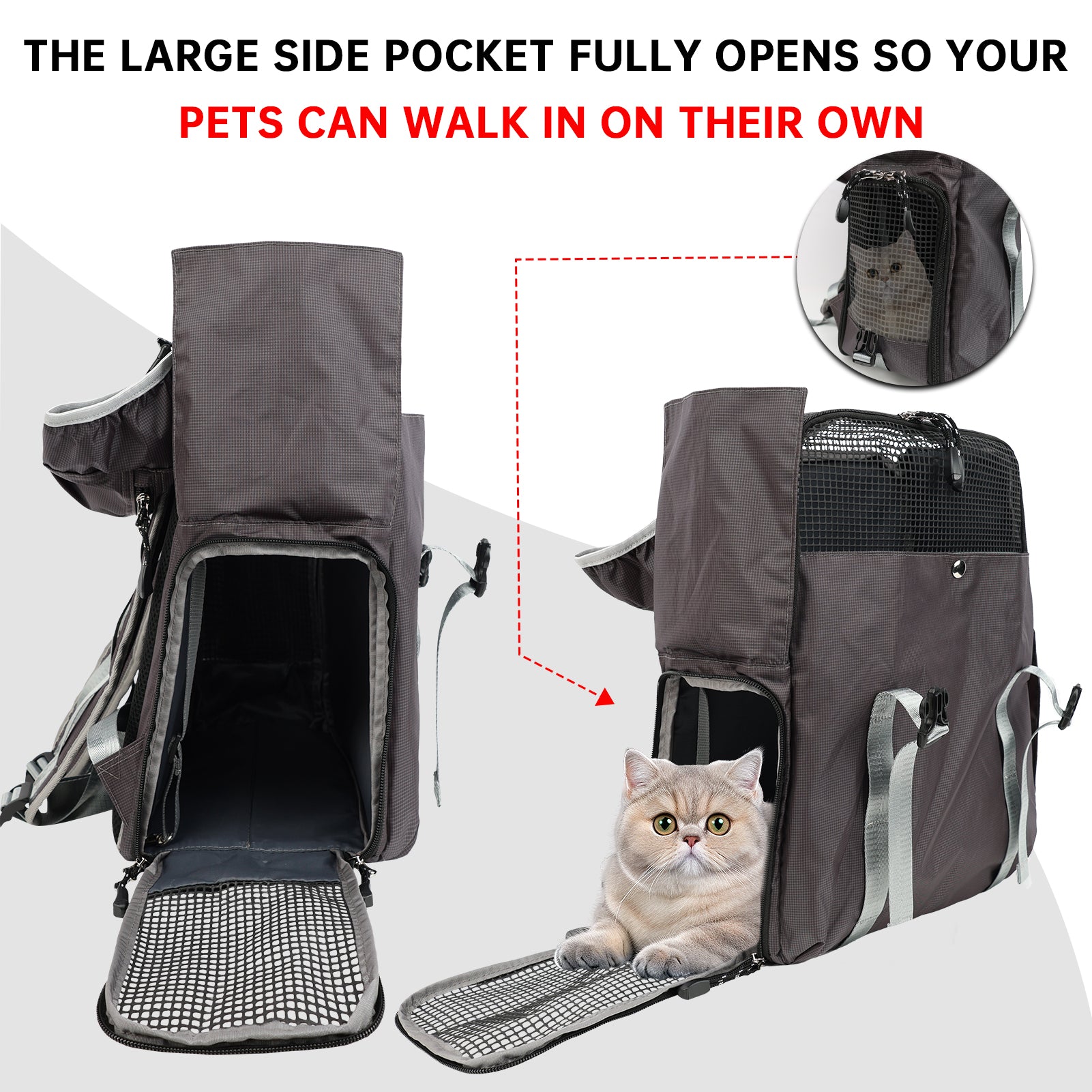 Pet carrier with large side pocket for pets to walk in on their own, featuring a cat inside.