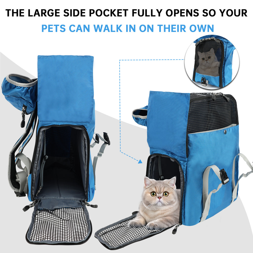 Blue pet carrier with large side pocket for pets to walk in on their own, featuring a cat inside.