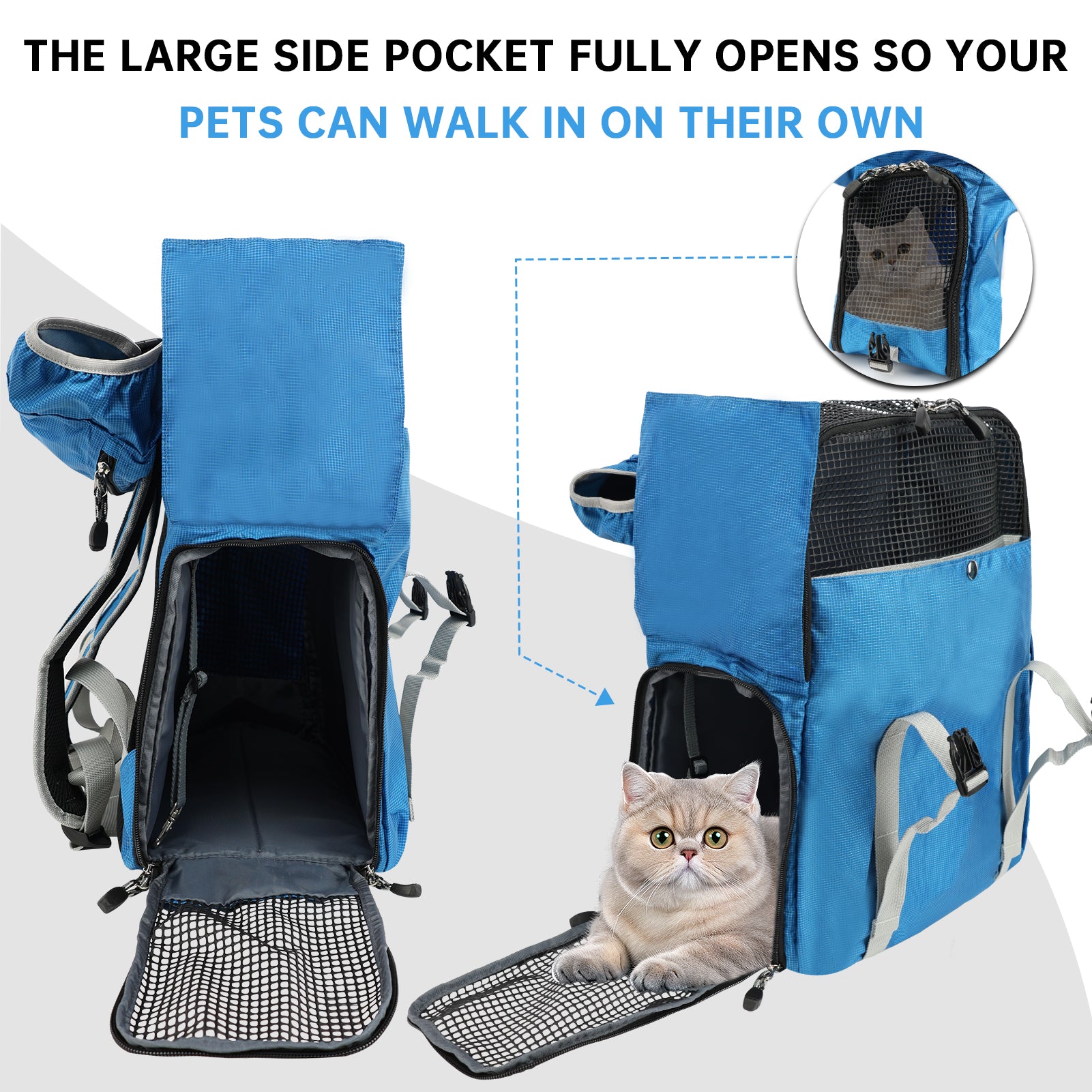 Blue pet carrier with large side pocket for pets to walk in on their own, featuring a cat inside.
