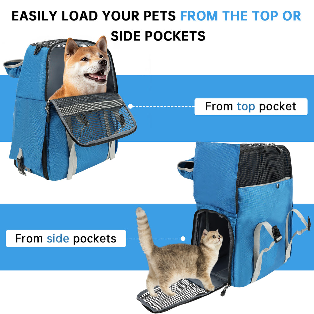 Blue pet carrier with top and side pocket options for loading pets.