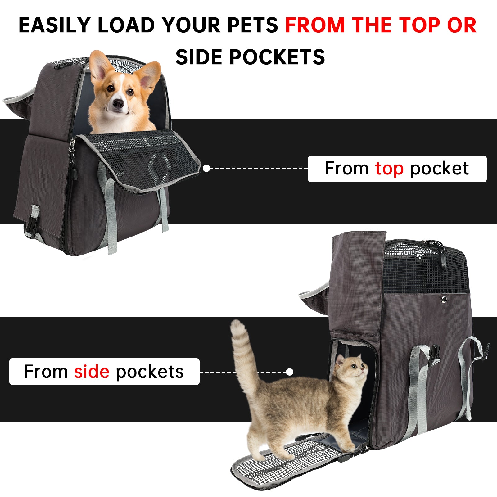 Pet carrier with instructions on how to load pets from top and side pockets.