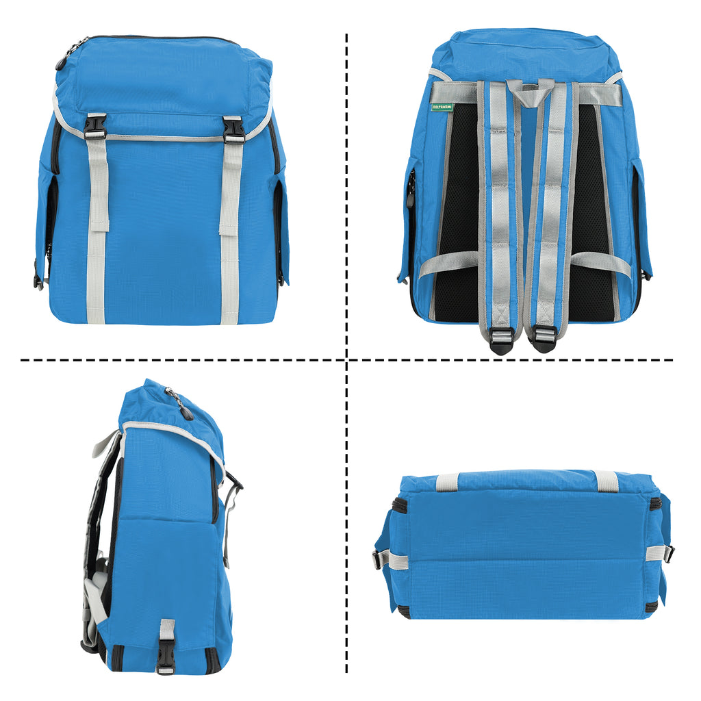 Blue backpack shown from multiple angles on a white background