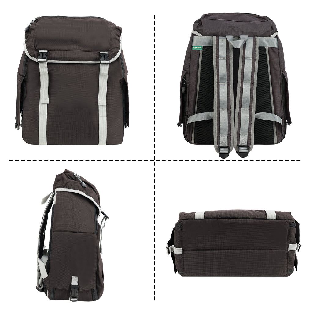 Black backpack with reflective straps shown from multiple angles on a white background
