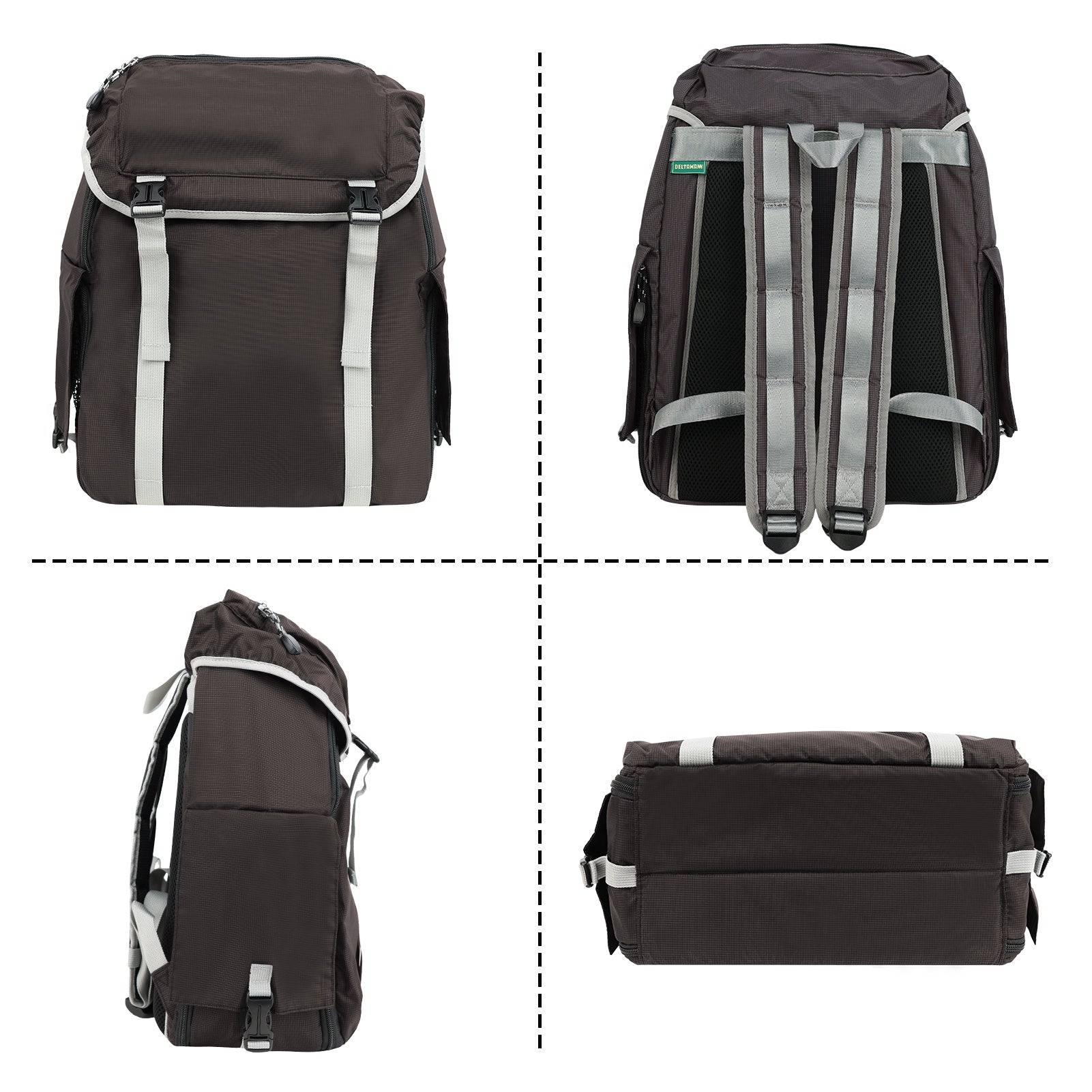 Black backpack with reflective straps shown from multiple angles on a white background