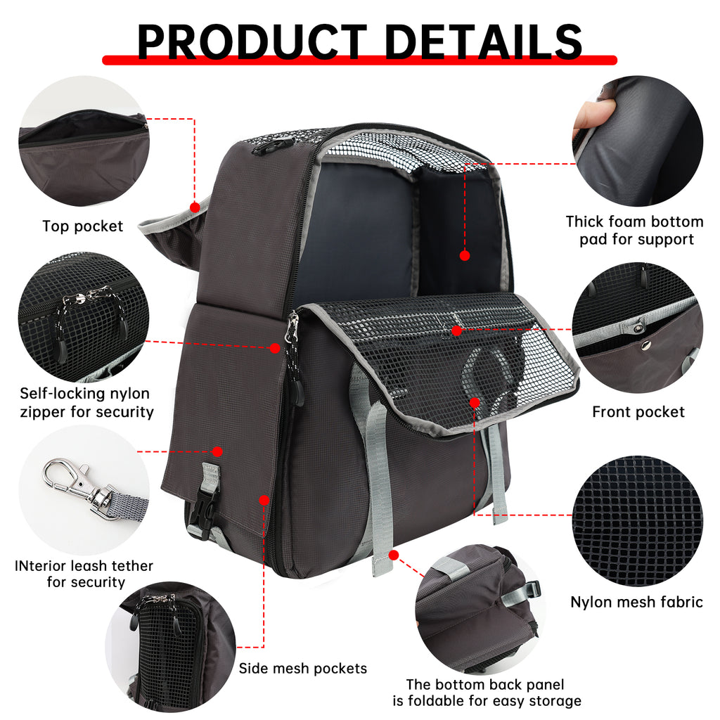 Backpack with various features highlighted on a white background