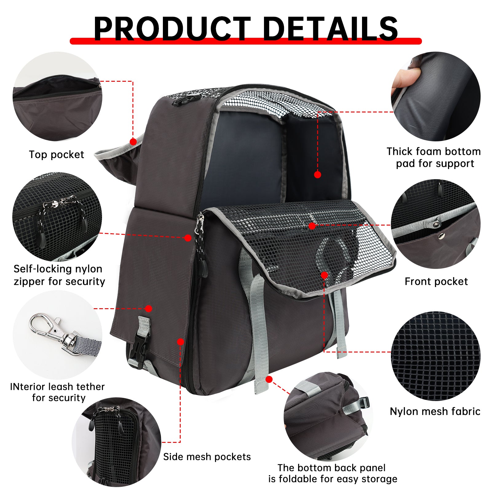 Backpack with various features highlighted on a white background