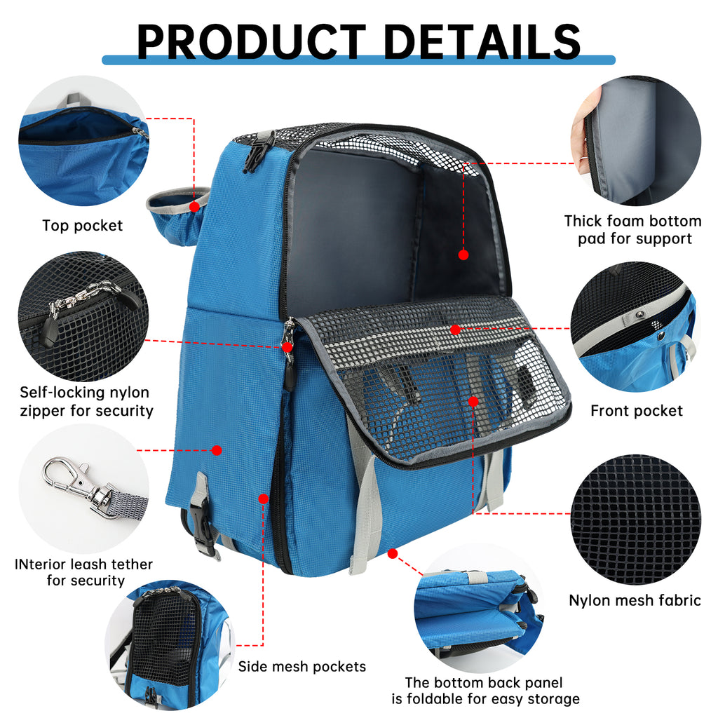 Blue backpack with features highlighted and labeled