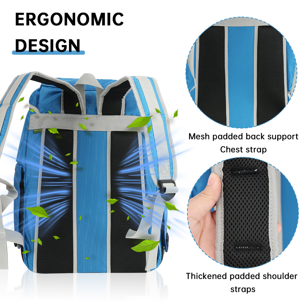 Blue backpack with ergonomic design features highlighted, including mesh padding and thick straps.