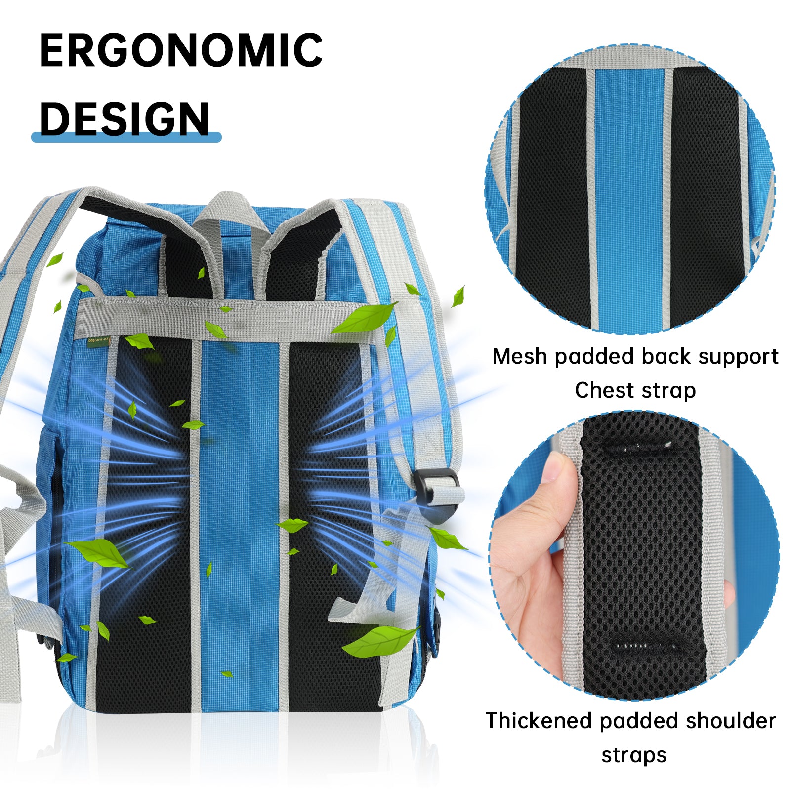 Blue backpack with ergonomic design features highlighted, including mesh padding and thick straps.
