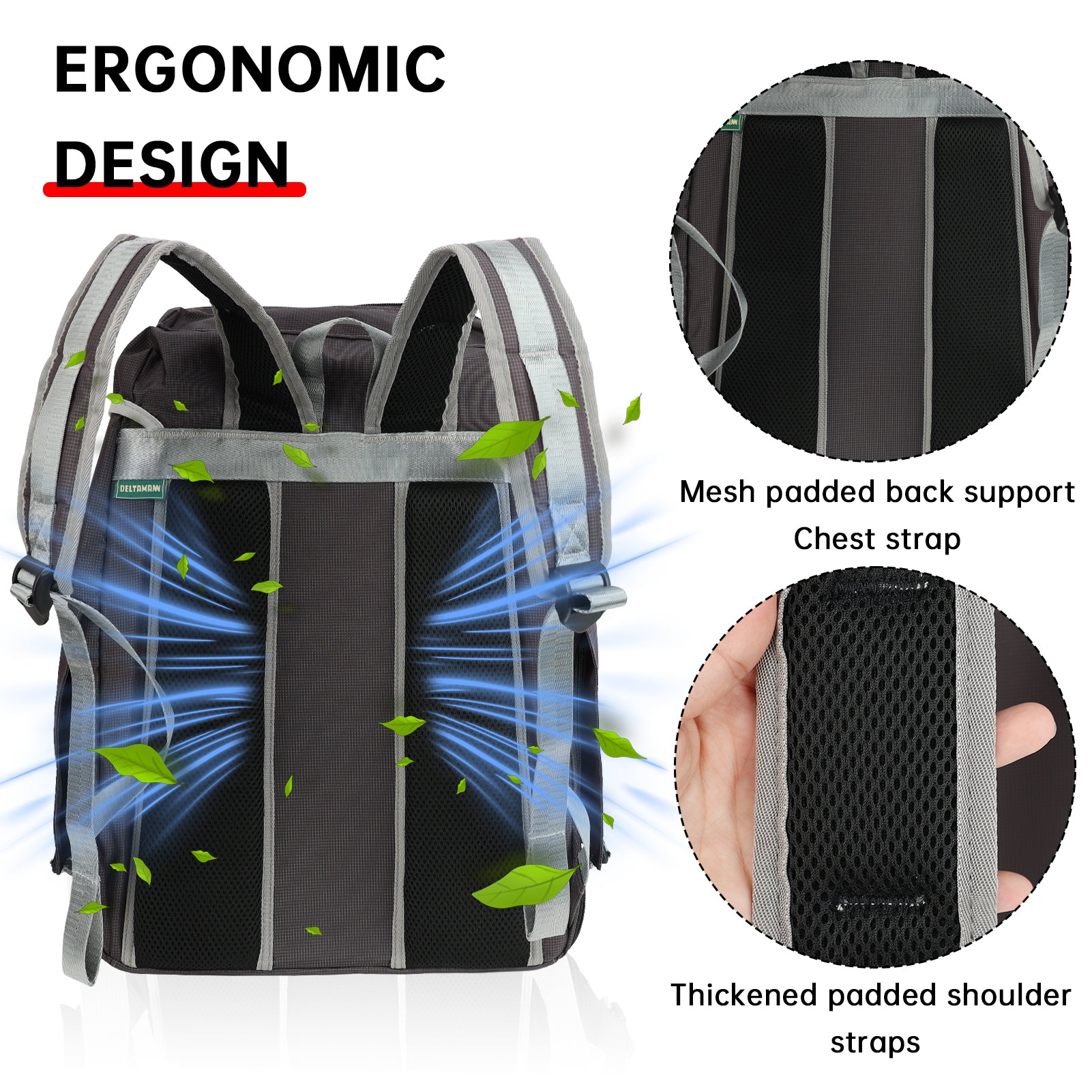 Backpack with ergonomic design features highlighted on a white background
