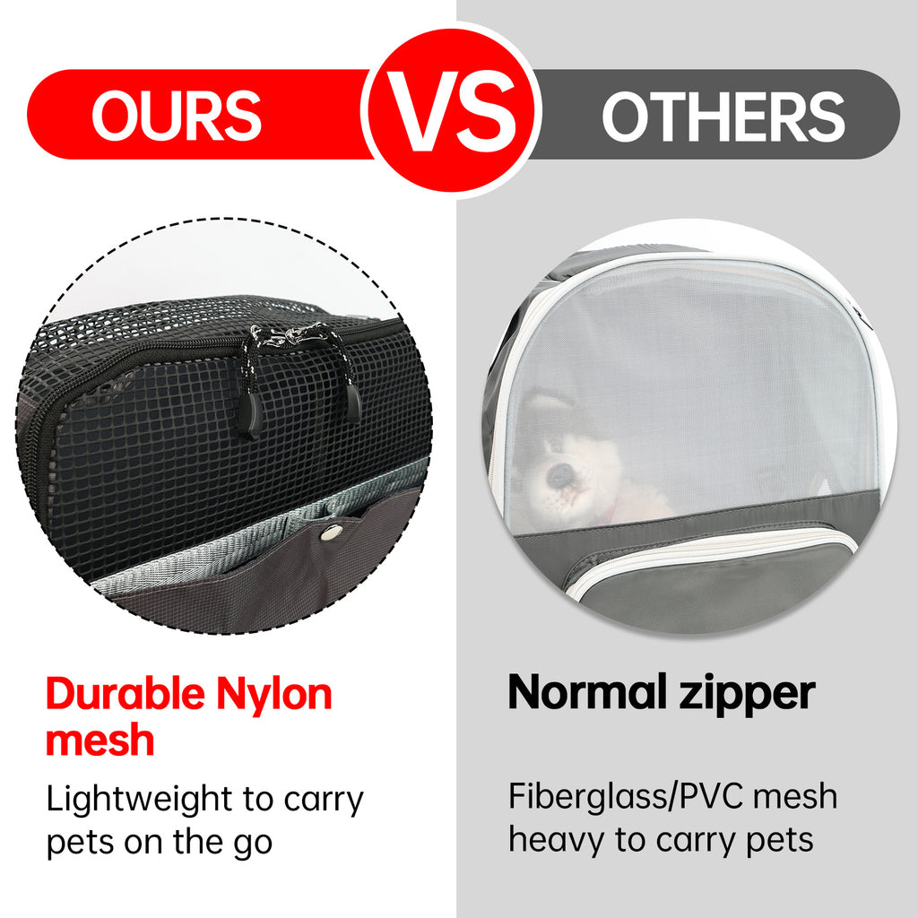 Comparison of durable nylon mesh pet carrier vs normal zipper carrier with text highlighting features.