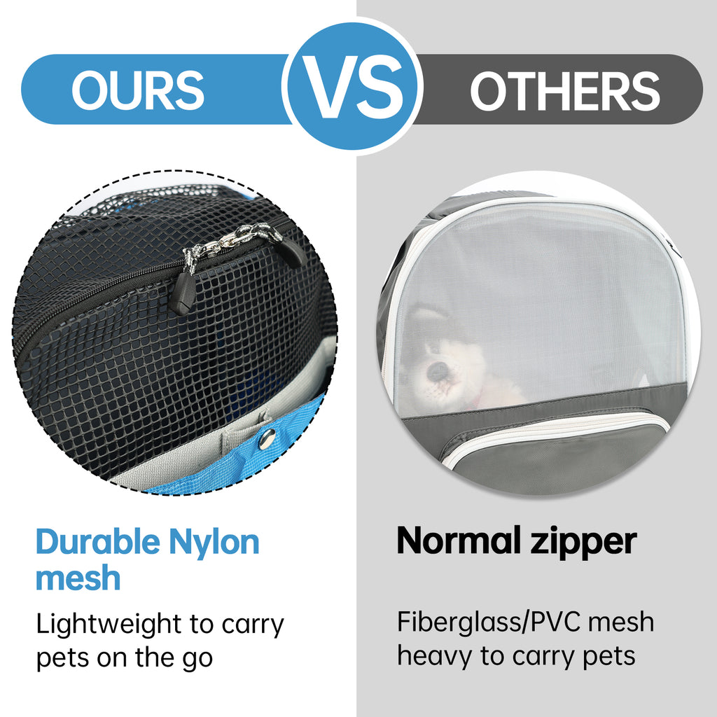 Comparison of durable nylon mesh vs normal zipper for pet carrying cases.