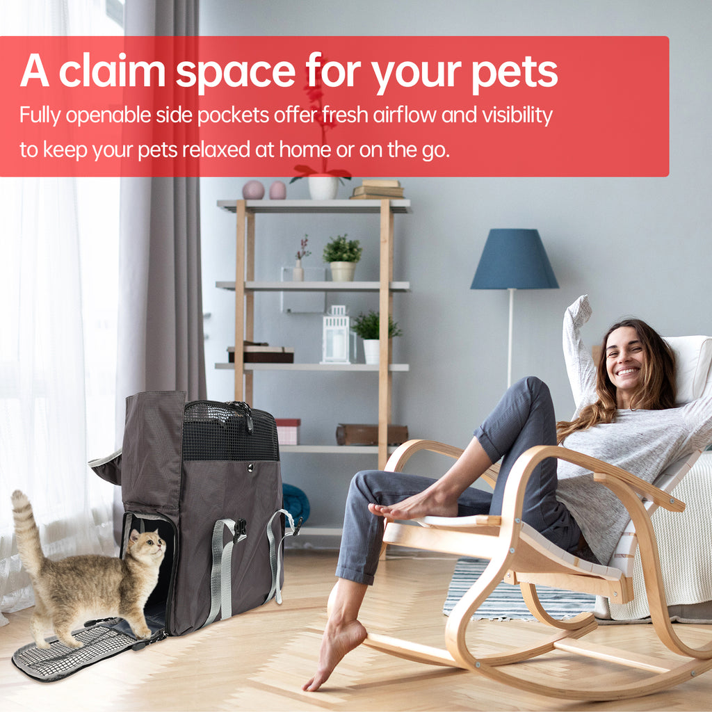 Woman sitting in a chair with a cat next to a pet carrier in a living room.