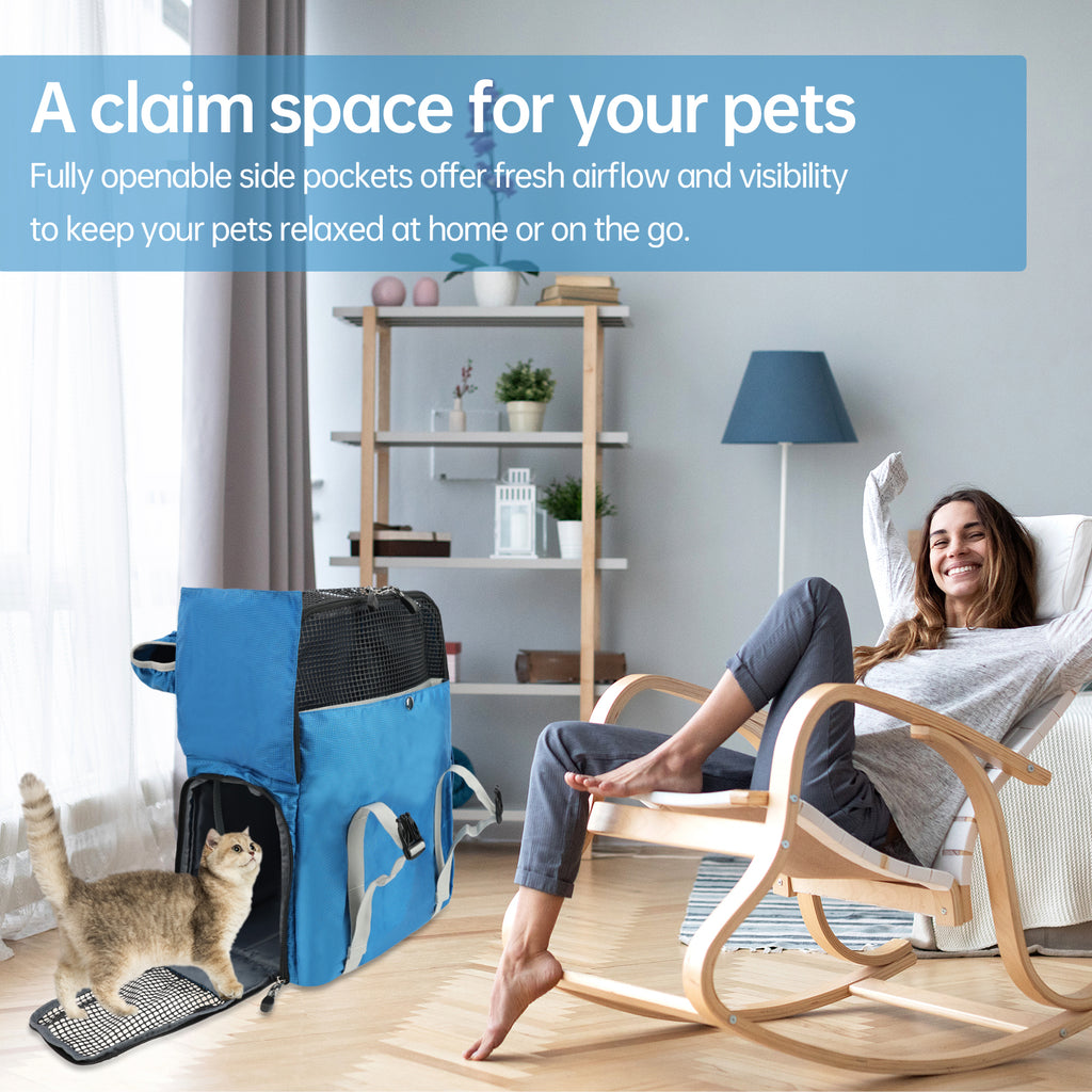 Woman sitting in a chair with a cat inside a blue pet carrier in a living room setting.