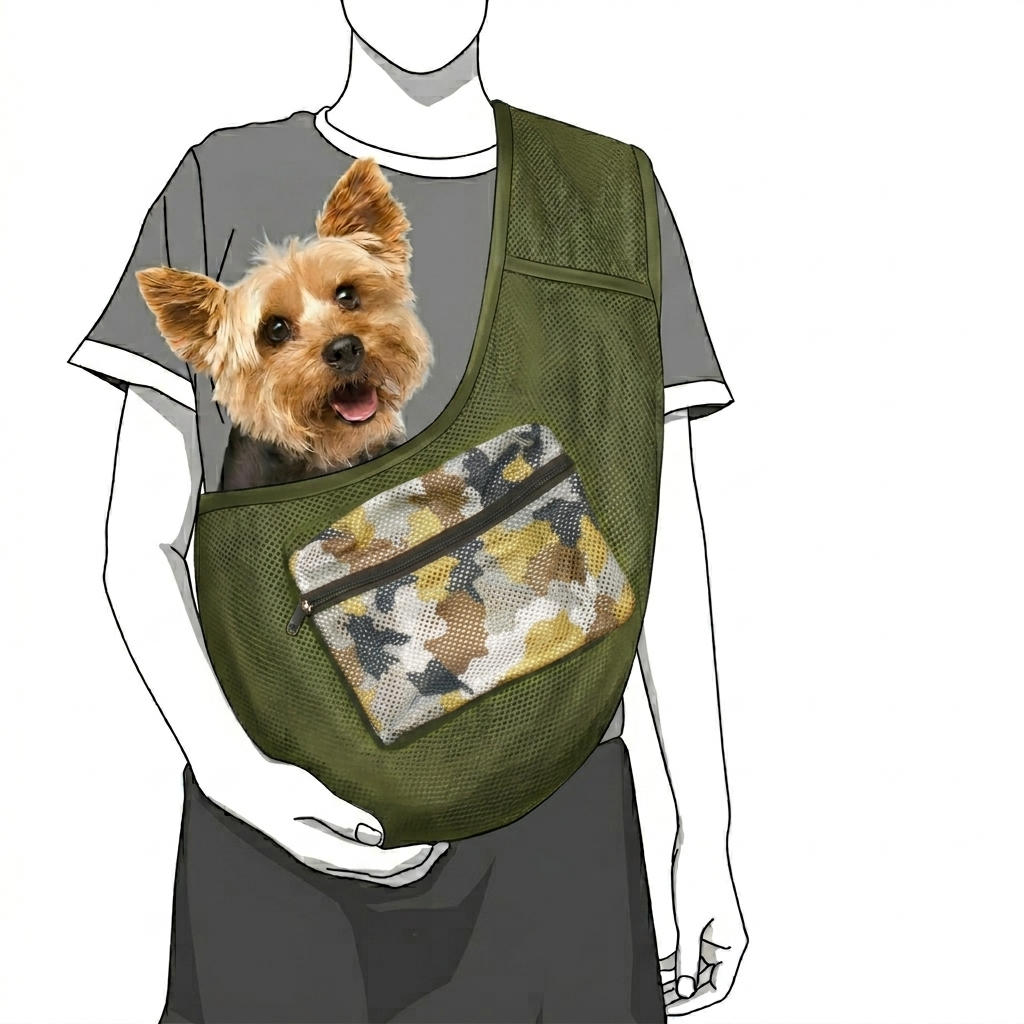 Foldable Camo Color-Block Mesh Dog & Cat Sling Carrier Bag – S (3–5kg / 6.6–11lbs)