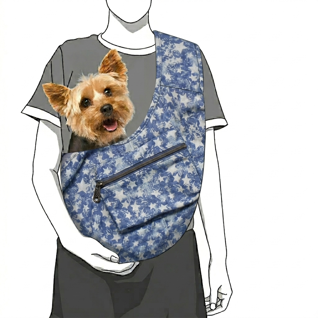 Foldable Denim Dog & Cat Sling Carrier Bag – M (5–7kg / 11–15.5lbs) – Star-Printed Denim