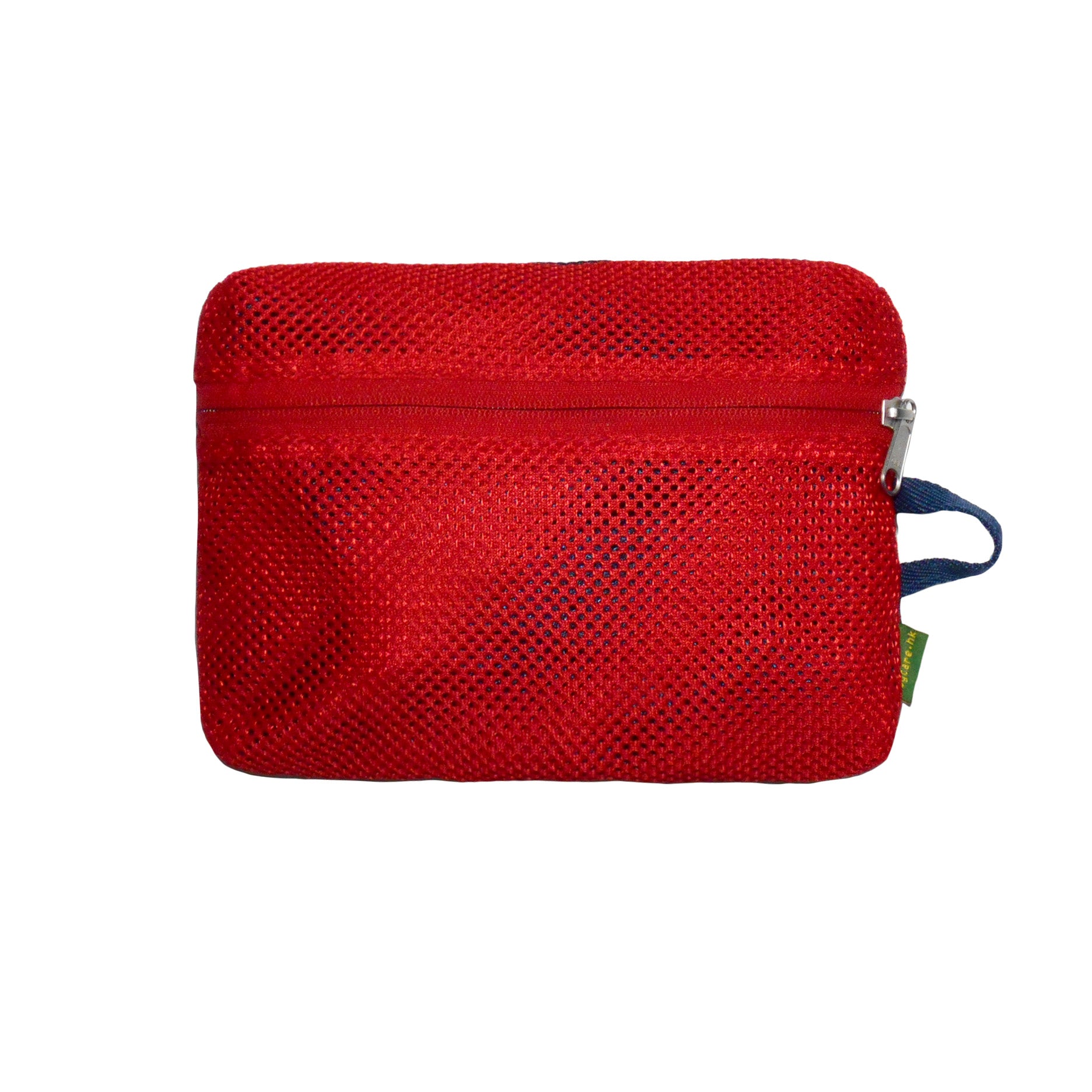 Red mesh pouch with a zipper on a white background