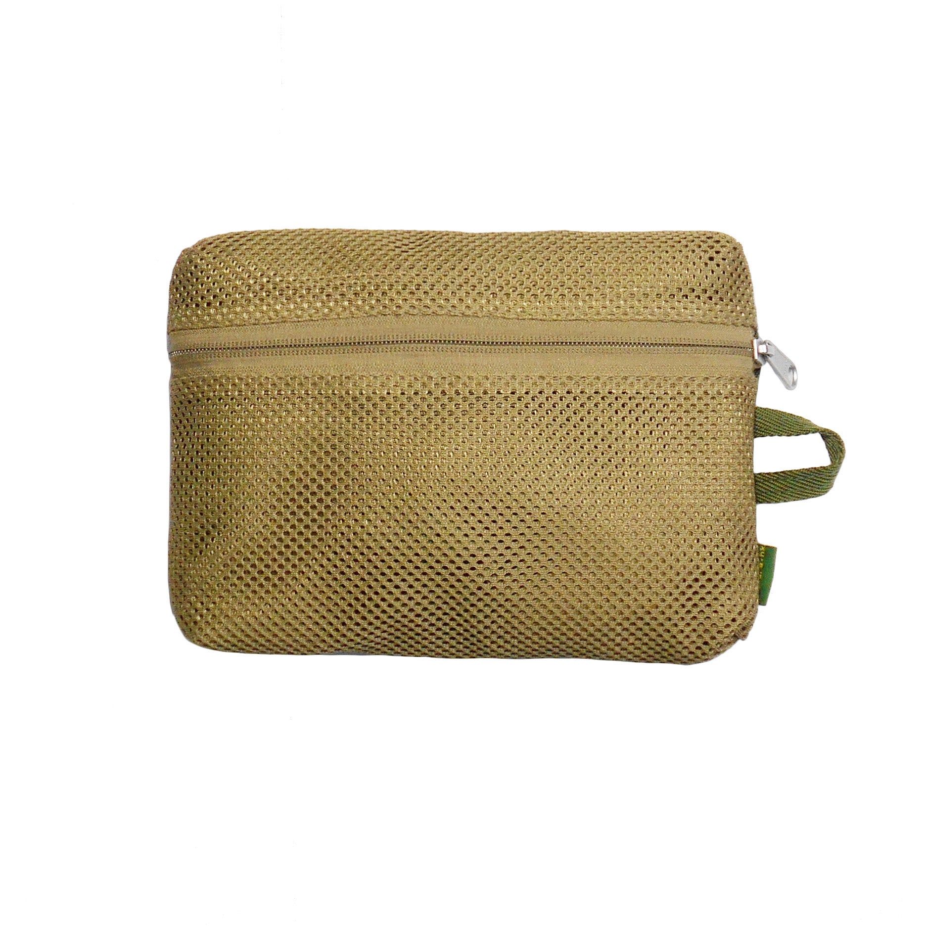 Green mesh pouch with a zipper on a white background