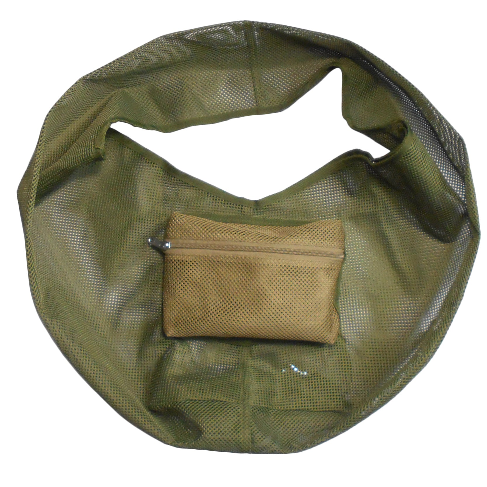 Green mesh bag with a beige pocket on a white background