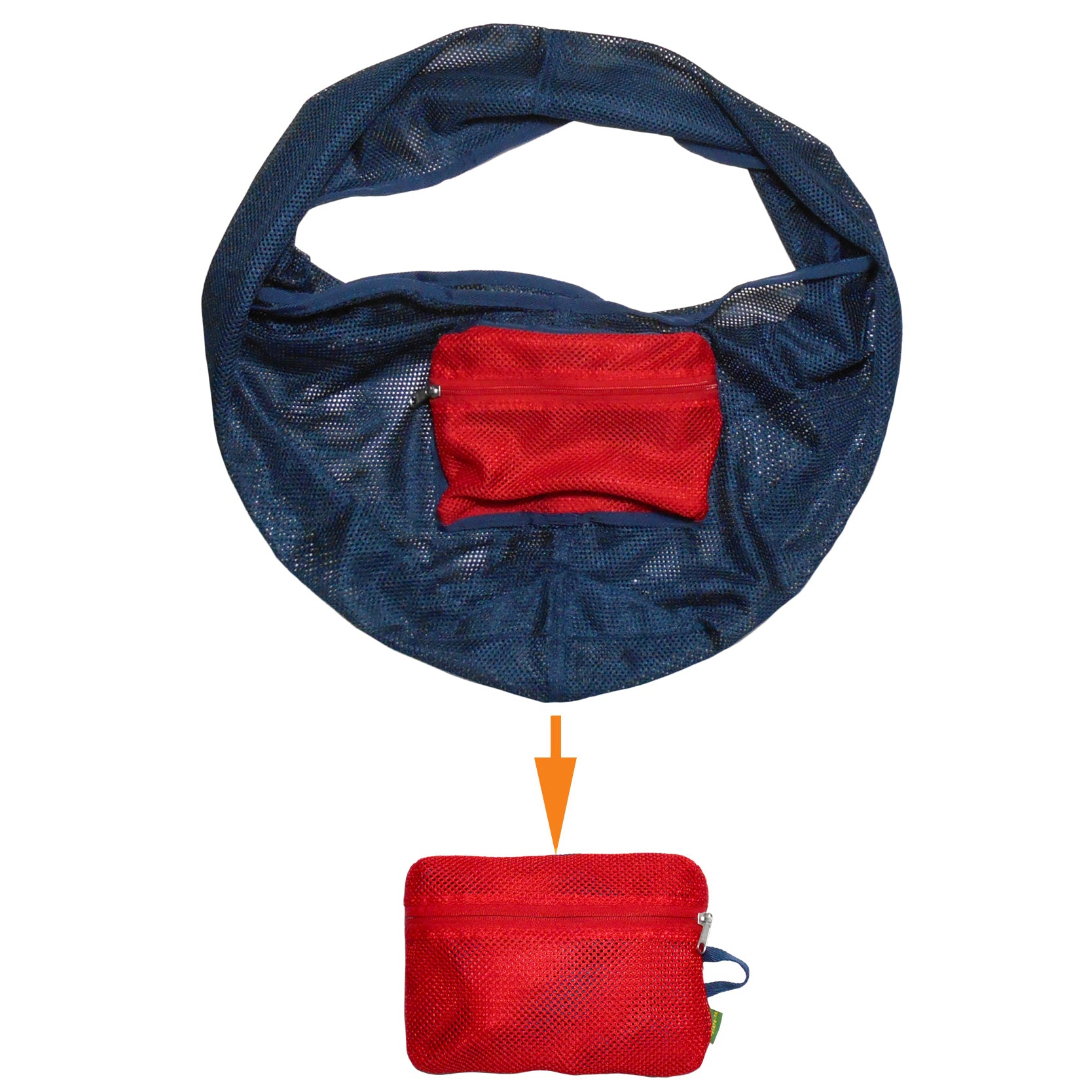 Blue mesh bag with a red pocket, showing the red pocket being pulled out.