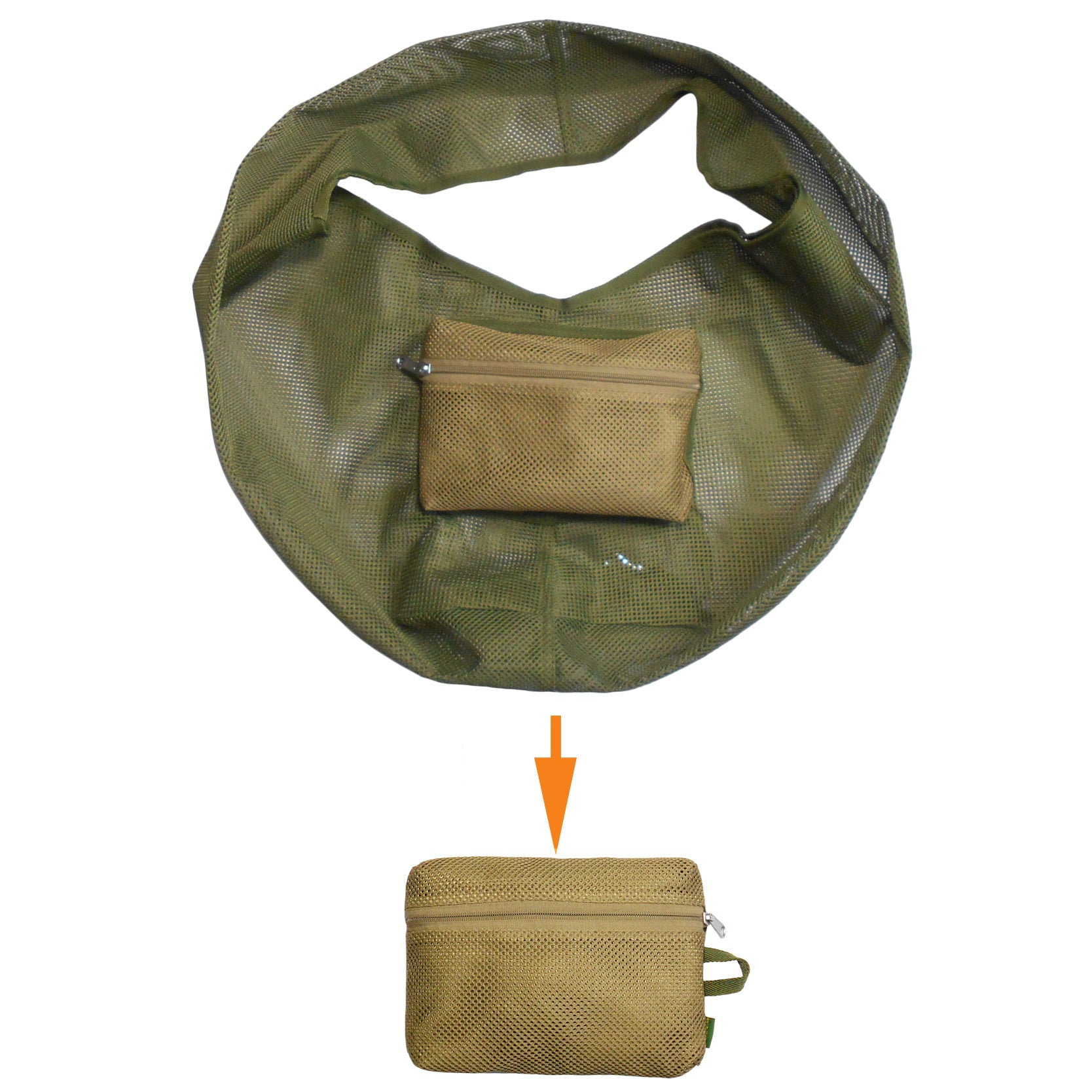 Green mesh bag with a small brown pouch inside, on a white background.