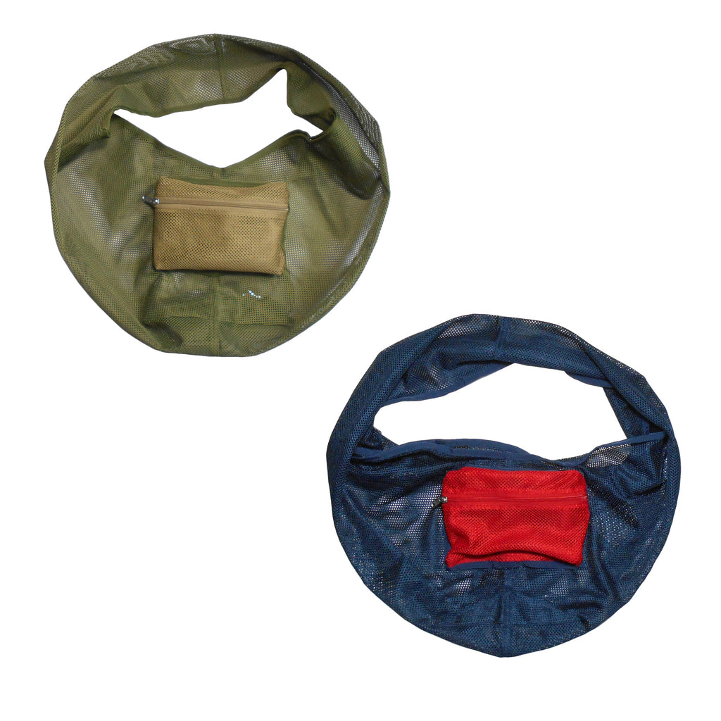 Two mesh bags, one green and one blue, with pockets on a white background.