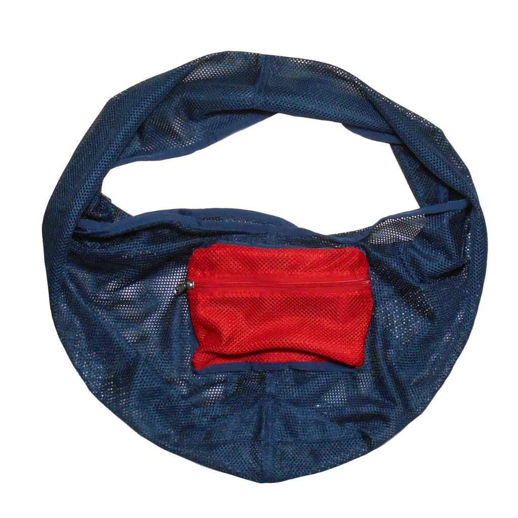 Blue mesh bag with a red pocket on a white background