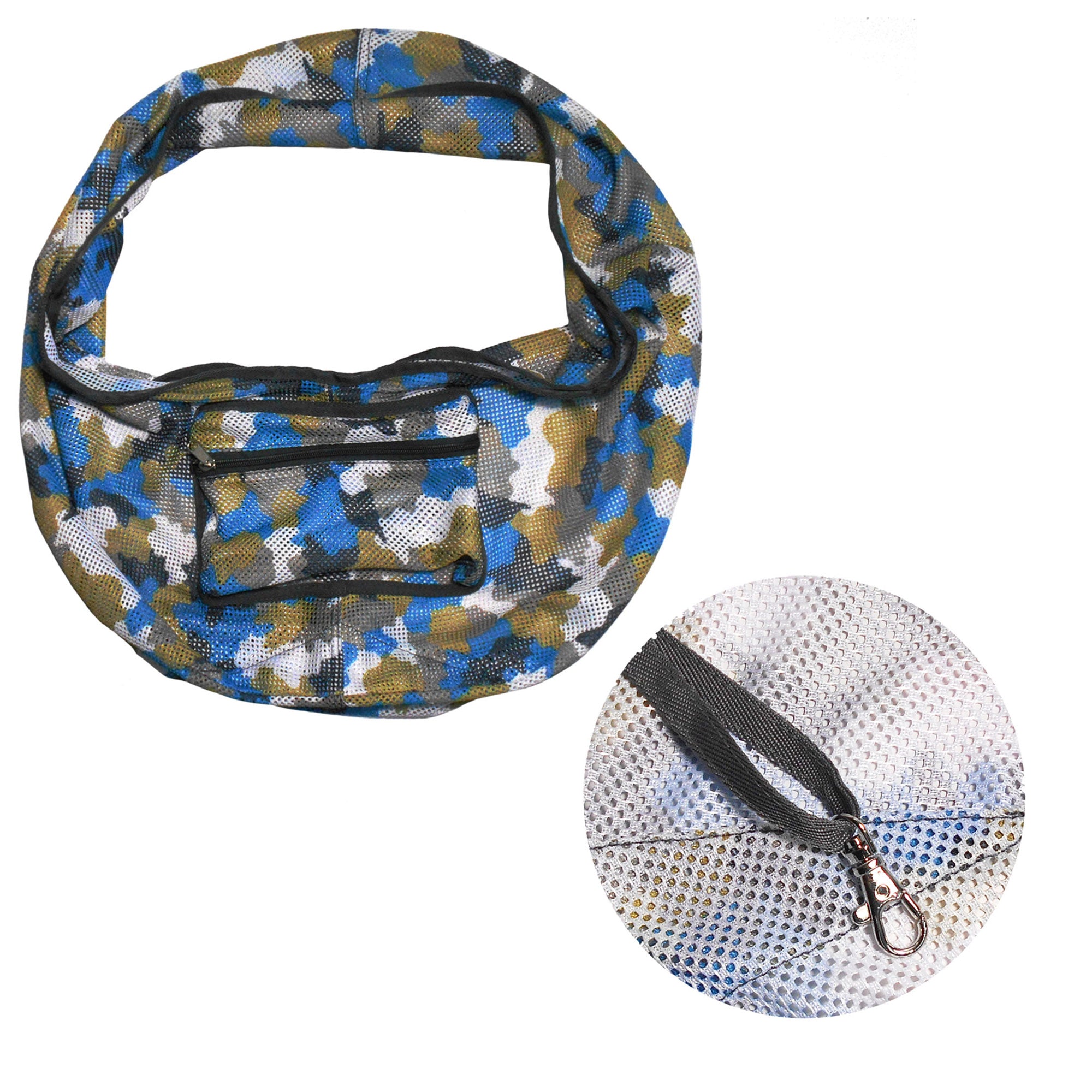 Camouflage-patterned waist bag with a close-up of the mesh pouch on a white background