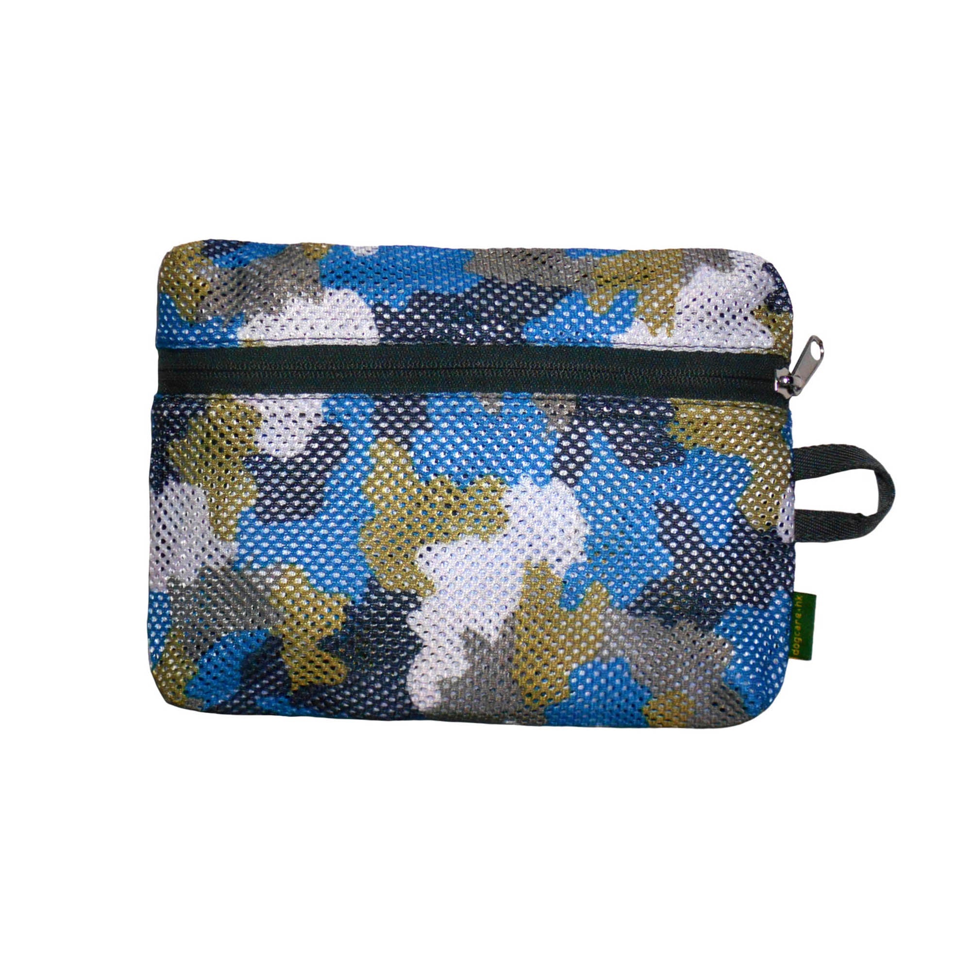 Camouflage-patterned pouch with a zipper on a white background