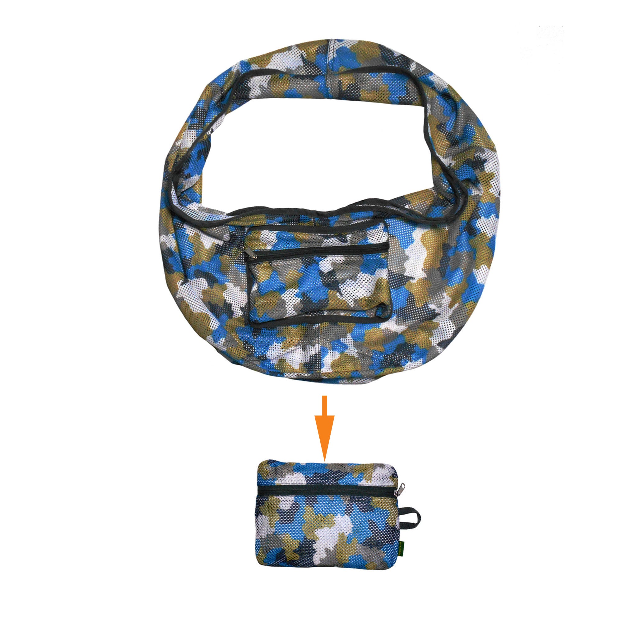 Camouflage-patterned fanny pack with a smaller version of the same pack below on a white background.