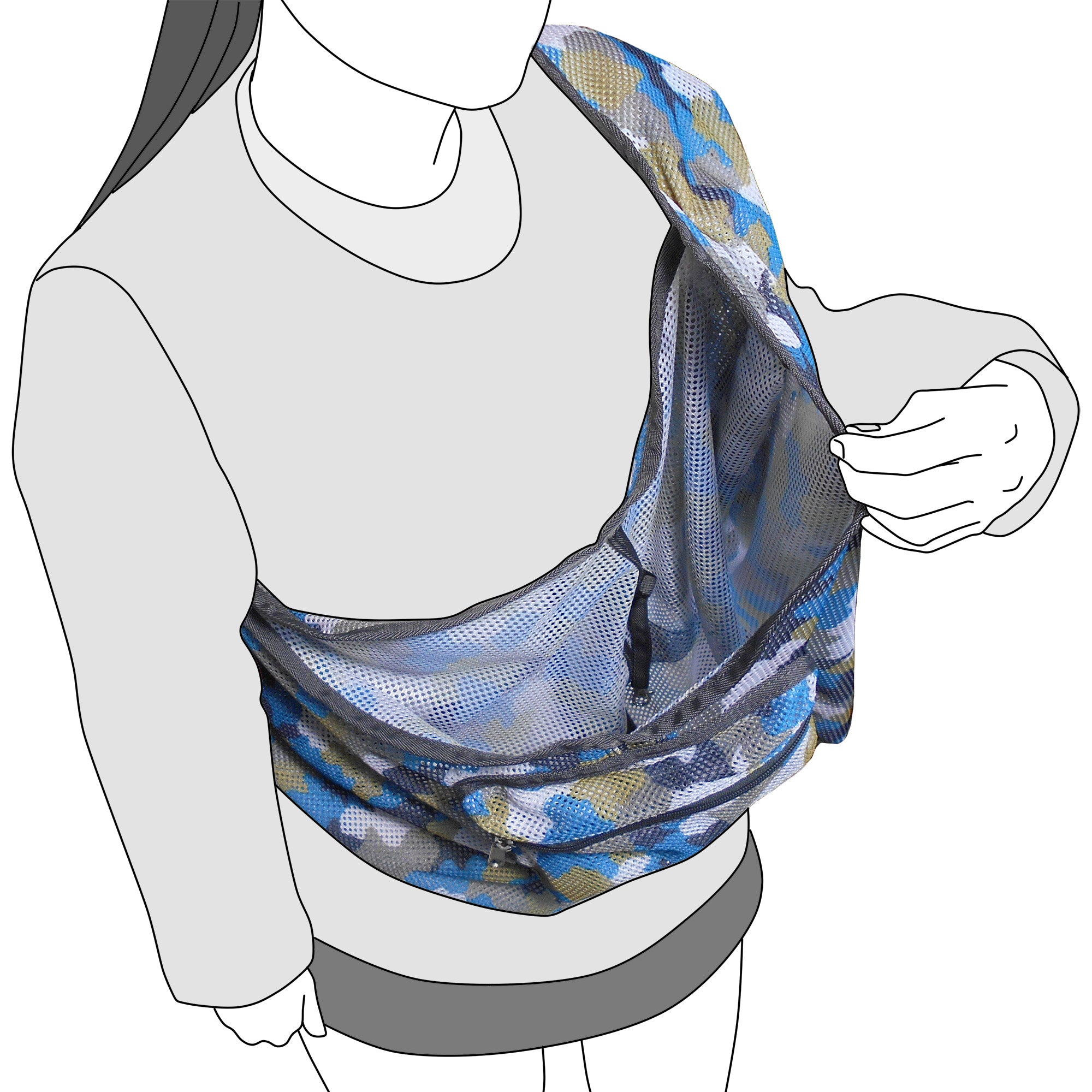 Person wearing a colorful mesh sling on a white background