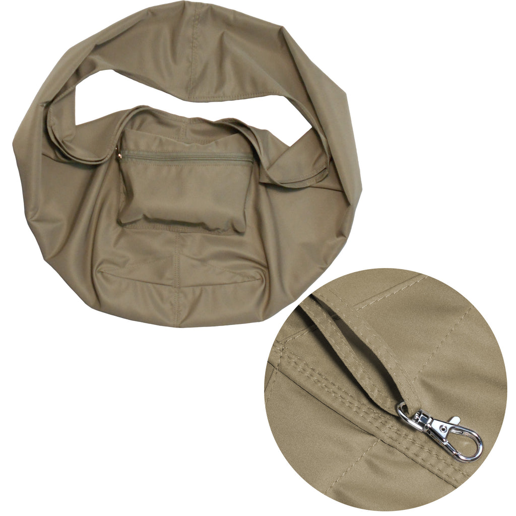 Beige pet carrier with a close-up of a zipper on a white background