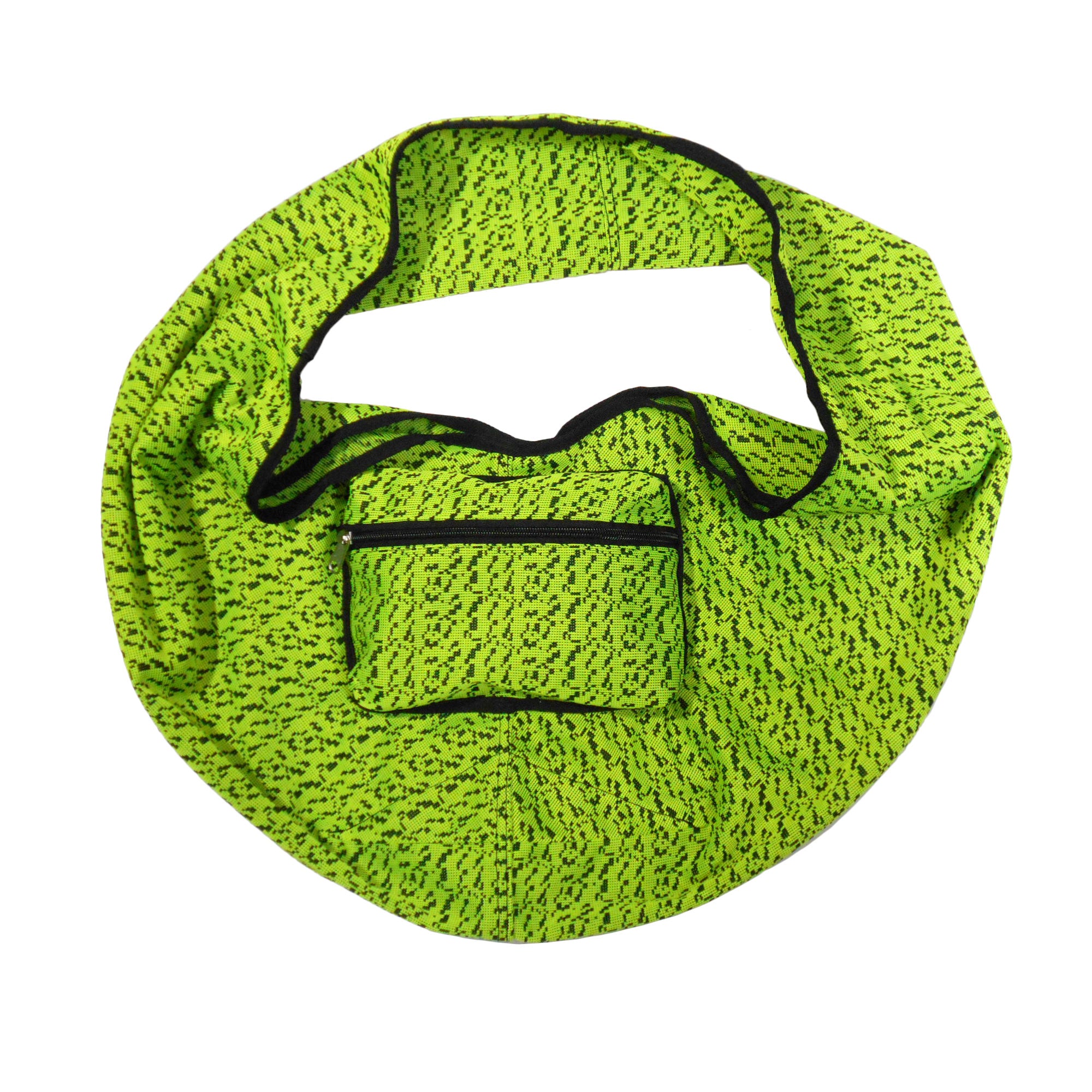 Green knitted bag with a small pouch on a white background
