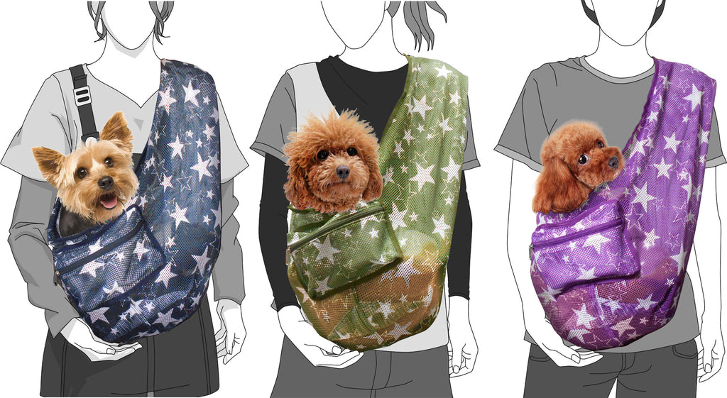 Three people wearing dog carriers with different color patterns, each carrying a small dog.