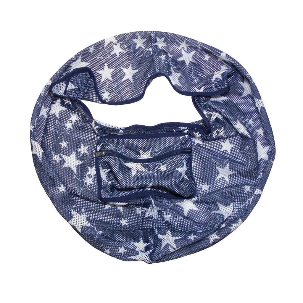 Navy blue infinity scarf with white star pattern on a white background