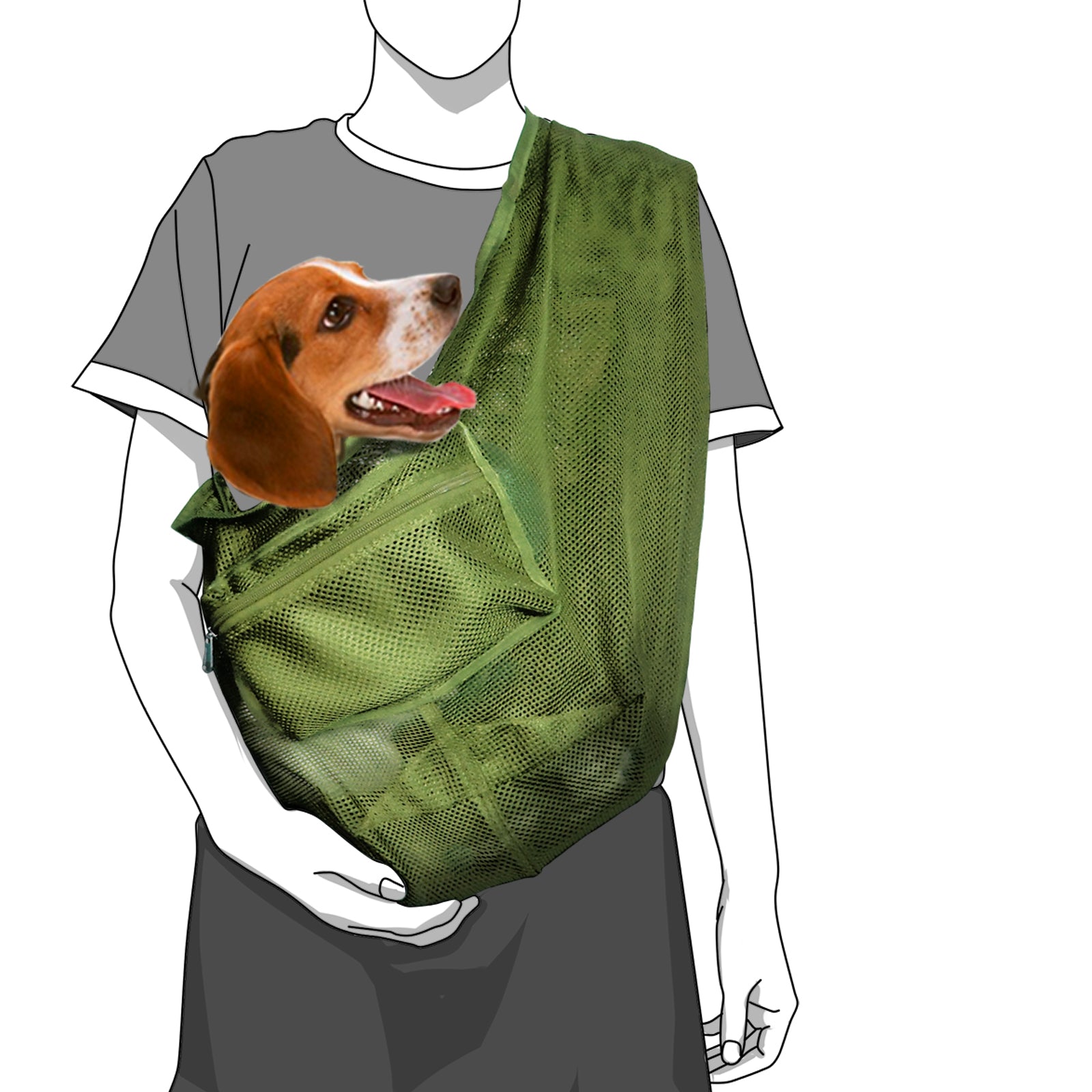 Green mesh dog carrier worn by a person on a white background