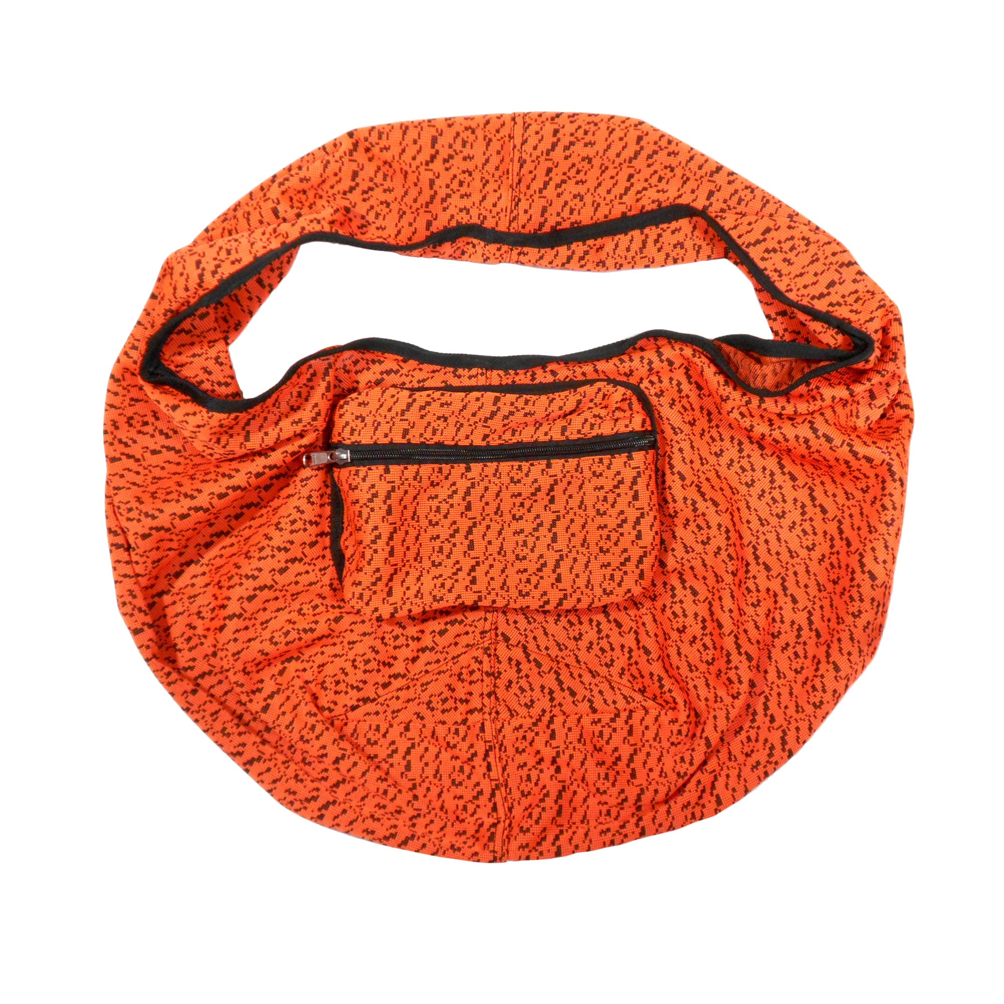 Orange mesh bag with black zipper on a white background