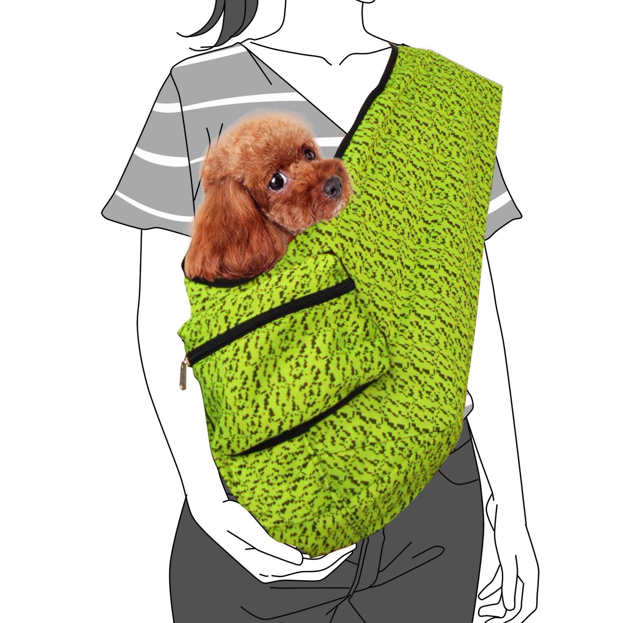 Green textured pet sling with a small brown dog inside, worn by a person.