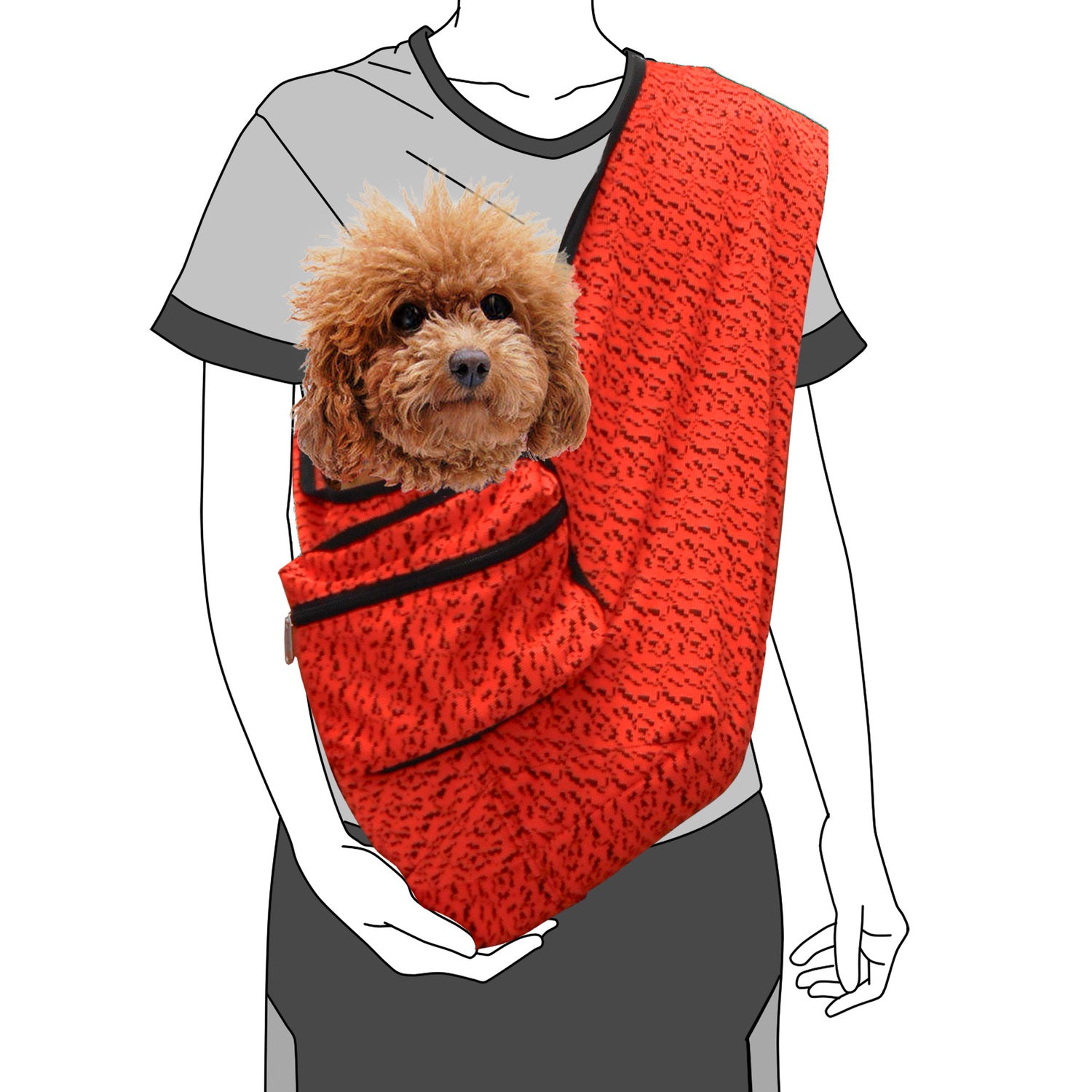 Red pet sling holding a small brown dog with a person wearing a gray shirt and black pants.