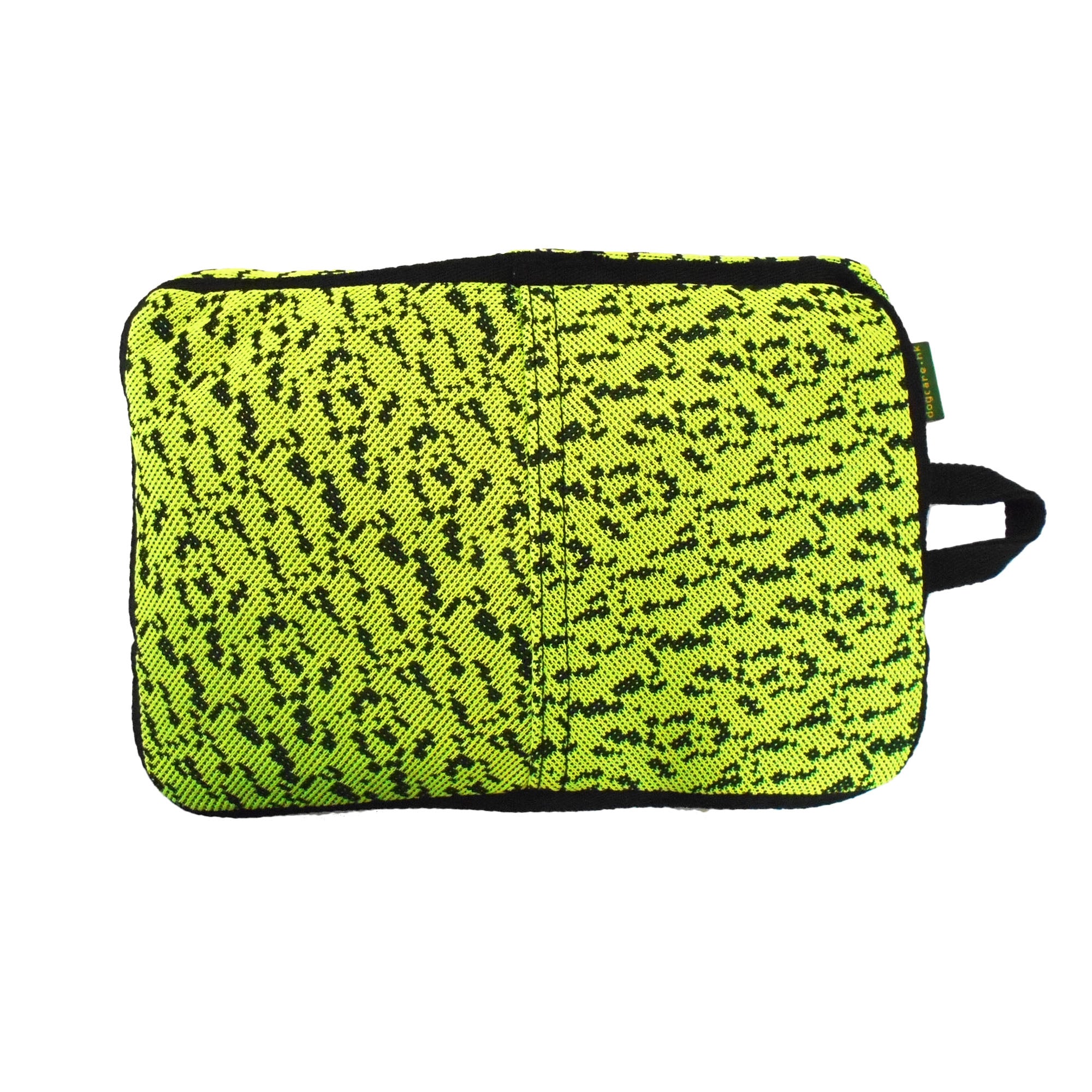 Green and black patterned pouch on a white background
