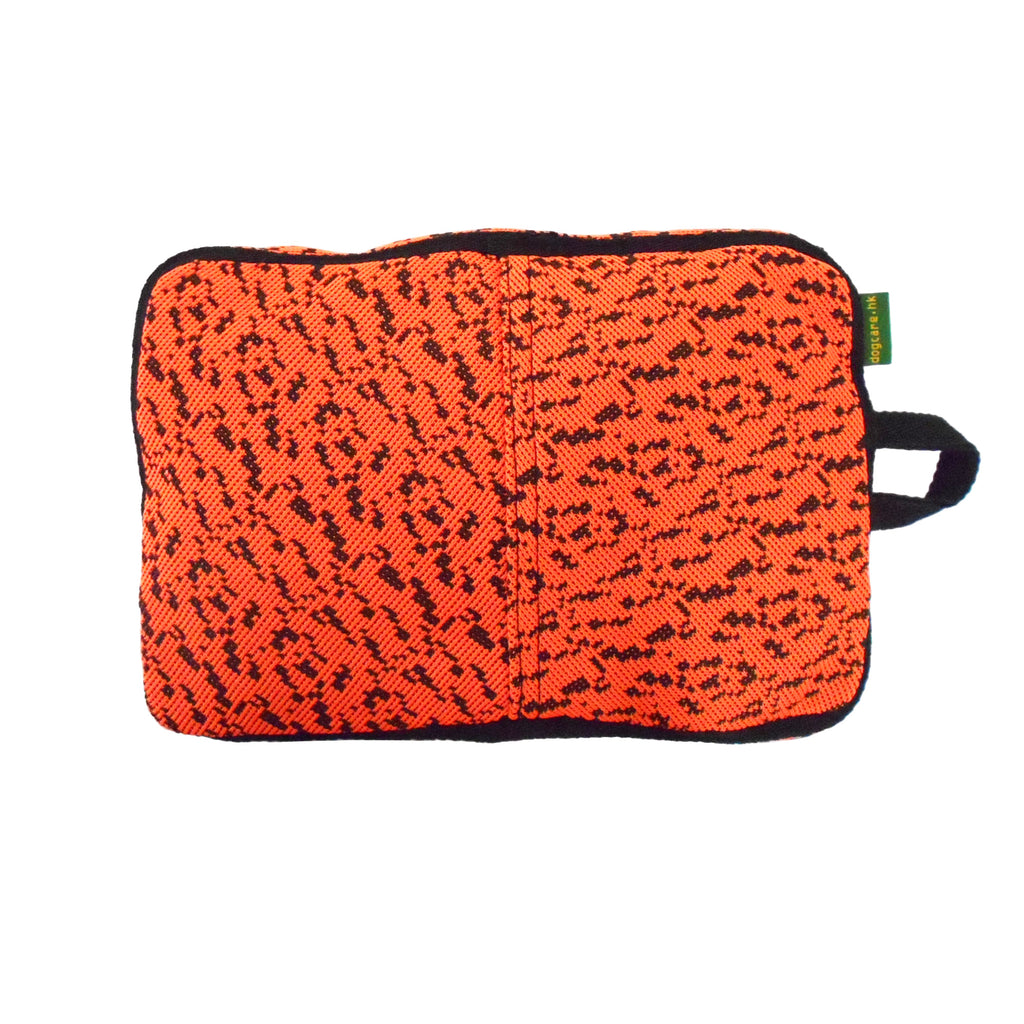 Orange pouch with black pattern on a white background